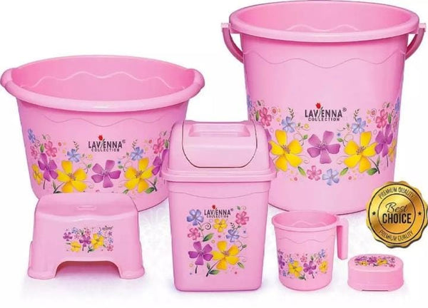 Lavenna Floral Bathroom Set – 6 Pcs Plastic Bath Accessories Set